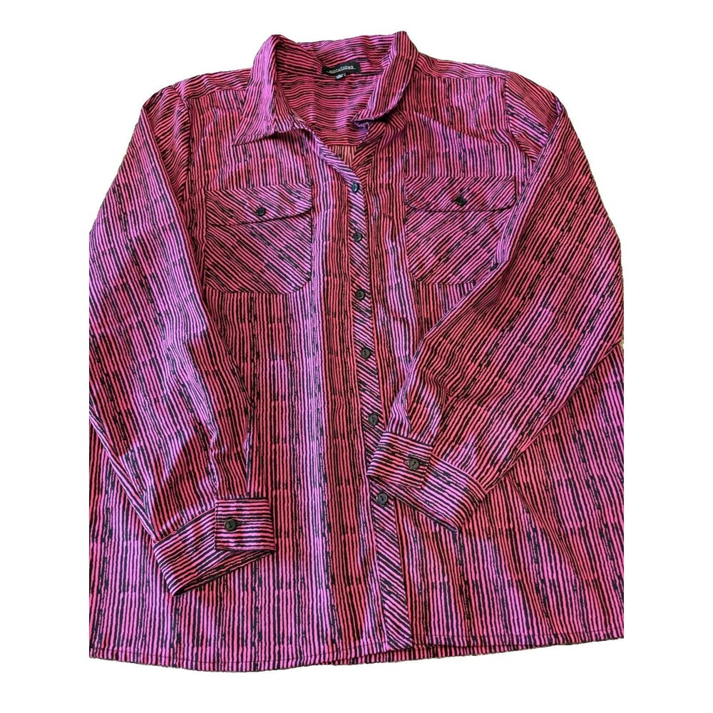 Notations Y2K Stretch Button Up Long Sleeve Fuschia Black Abstract Artsy XL